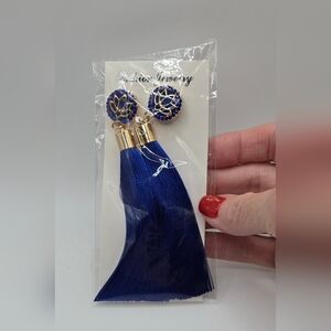 Goldtone Stud Earrings Cobalt Blue Lotus w/ Tassels 3.5" Long New in Package